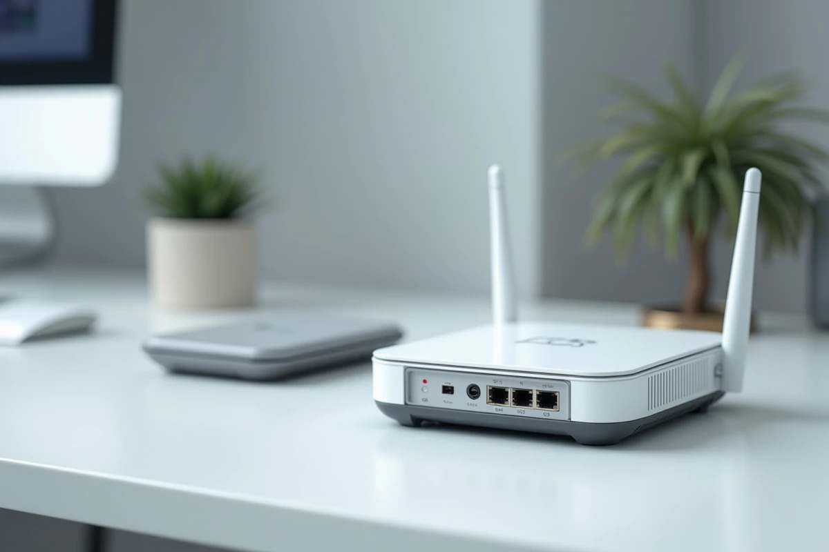 Comparaison côte à côte d'un routeur LiFi et d'un routeur WiFi posés sur un bureau blanc