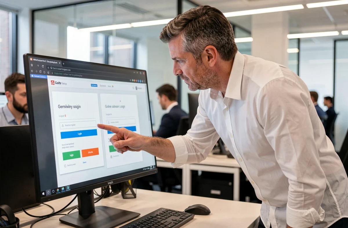 Professionnel montrant deux pages de connexion AOL pour comparer une vraie et une fausse interface de webmail