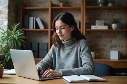 Jeune femme comparant des offres d'hébergement web pas cher sur un ordinateur portable dans un bureau à domicile
