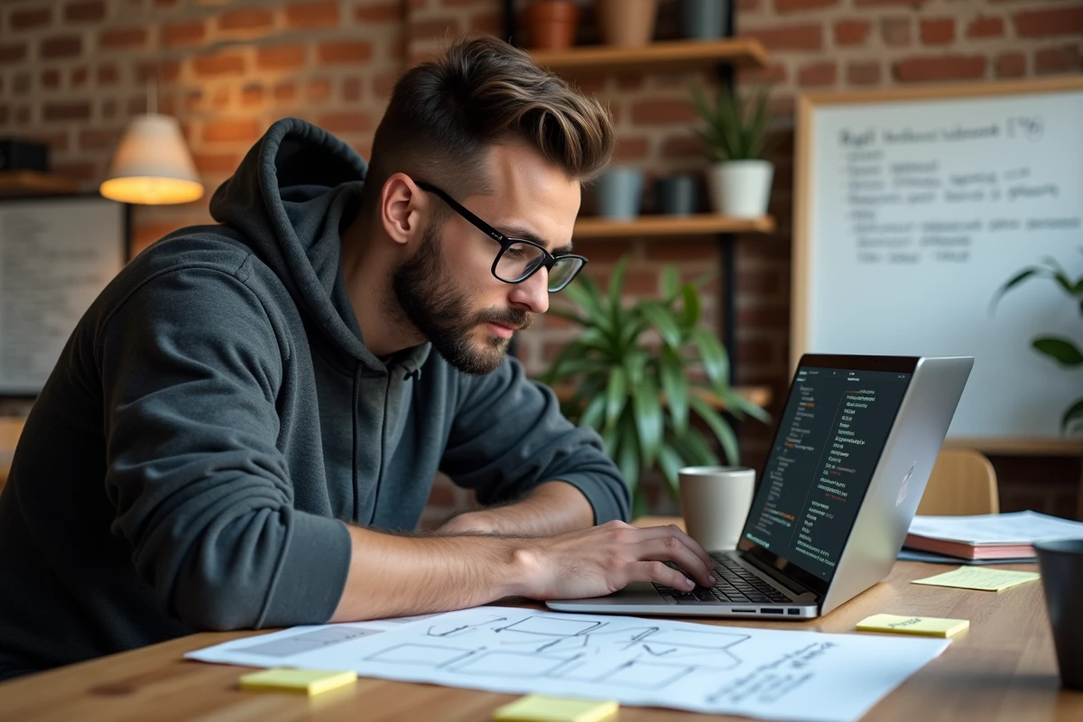 Développeur backend consultant des diagrammes entité-relation imprimés pour concevoir une architecture de base de données