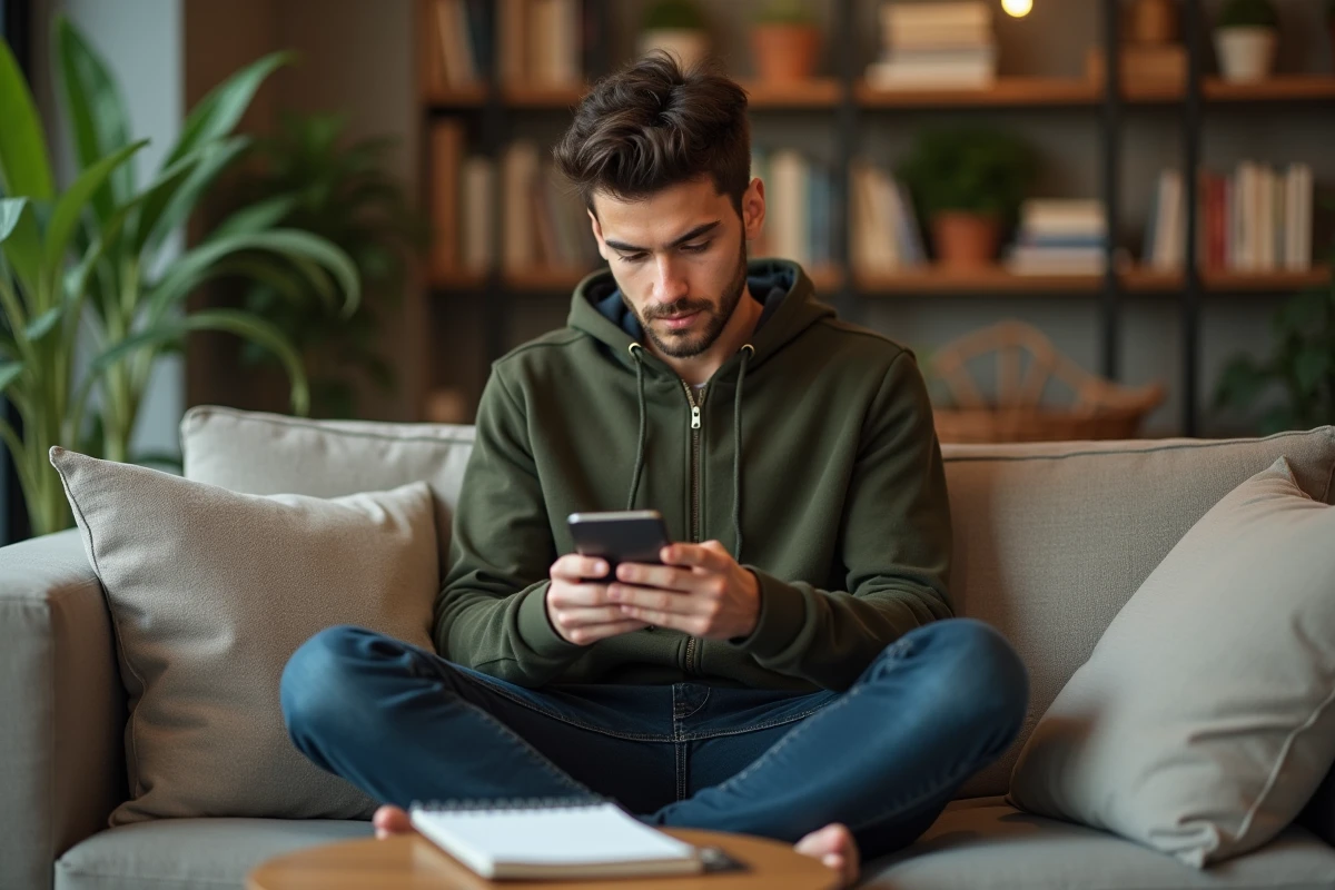 Jeune personne configurant l'authentification à deux facteurs sur son smartphone depuis un canapé dans un appartement moderne
