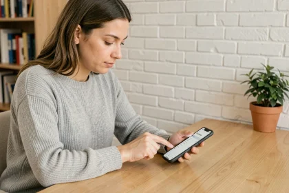Femme configurant sa messagerie académique de Versailles sur smartphone dans un bureau à domicile