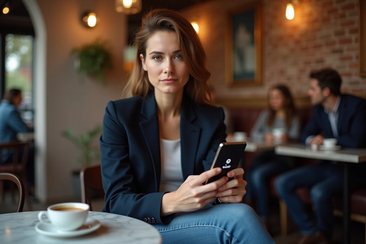 Femme tentant de se connecter à un compte en ligne depuis son smartphone dans un café avec une mauvaise connexion