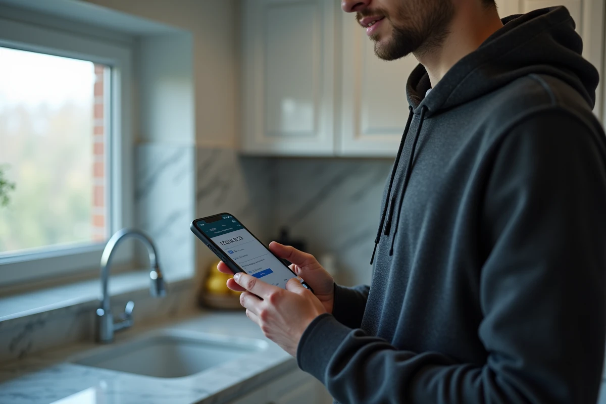 Jeune homme accédant à l'interface réseau 192.168.1.230 depuis un smartphone dans une cuisine moderne