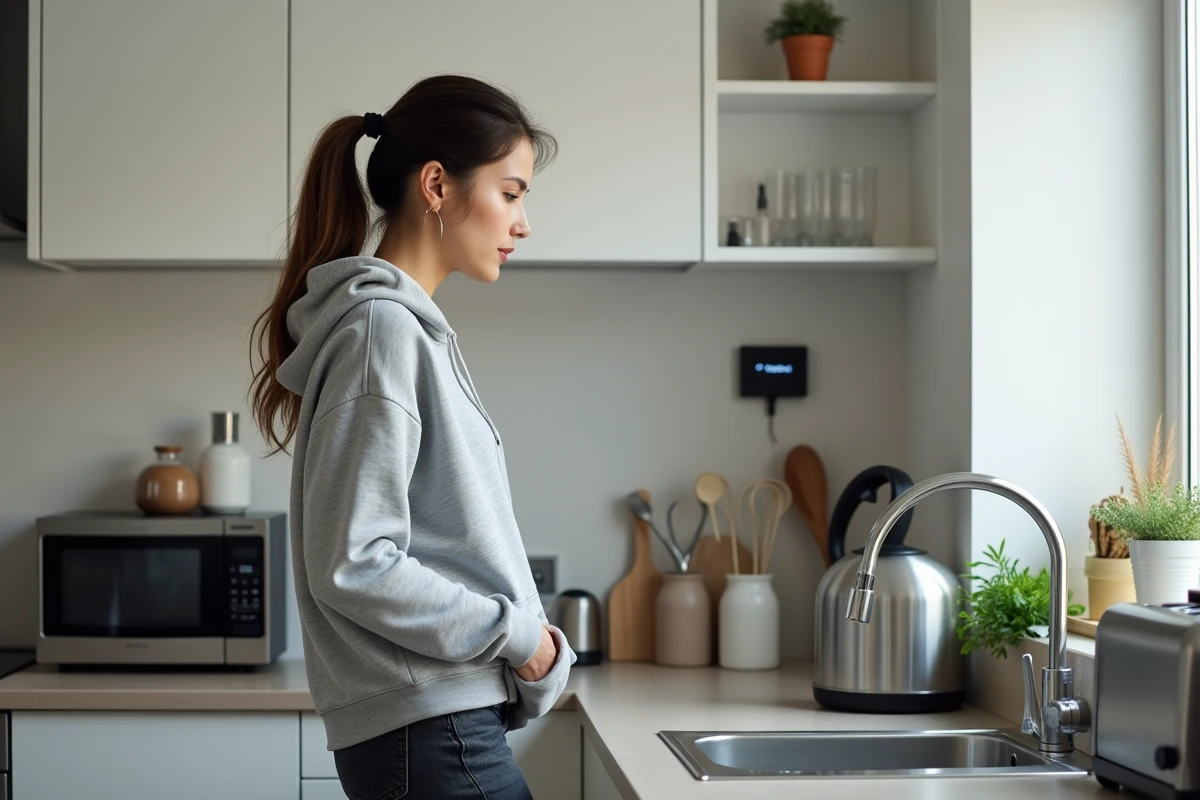 Femme dans une cuisine moderne consultant un moniteur de consommation électrique de 1000 watts