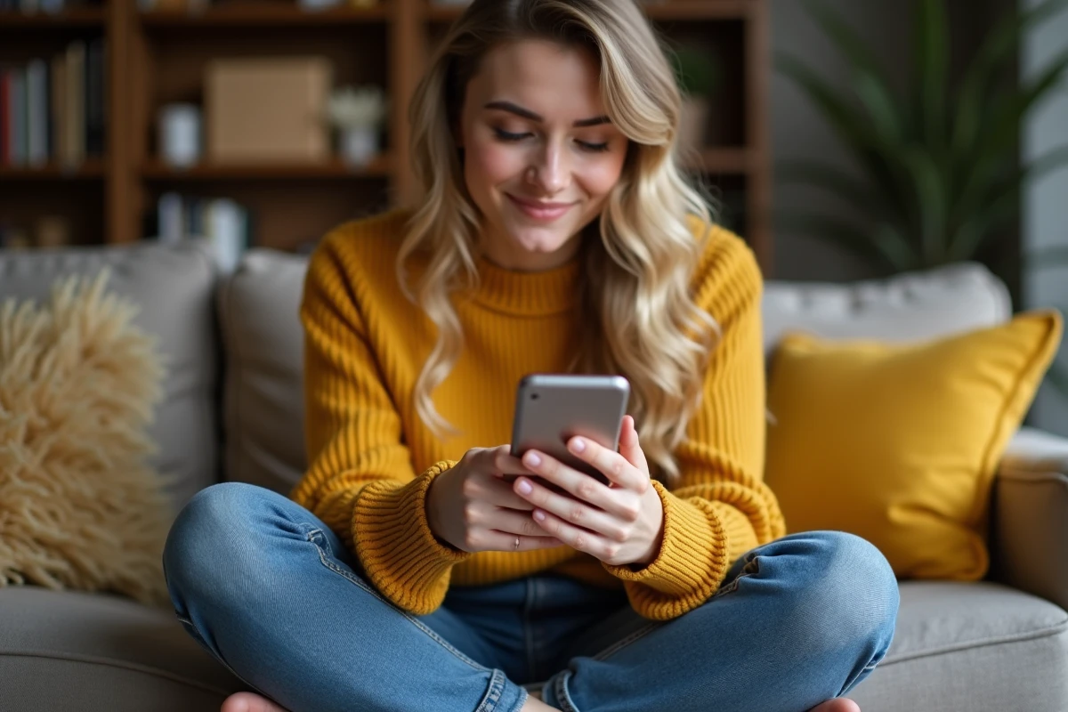 Jeune femme consommatrice parcourant des recommandations personnalisées par intelligence artificielle sur son smartphone à domicile