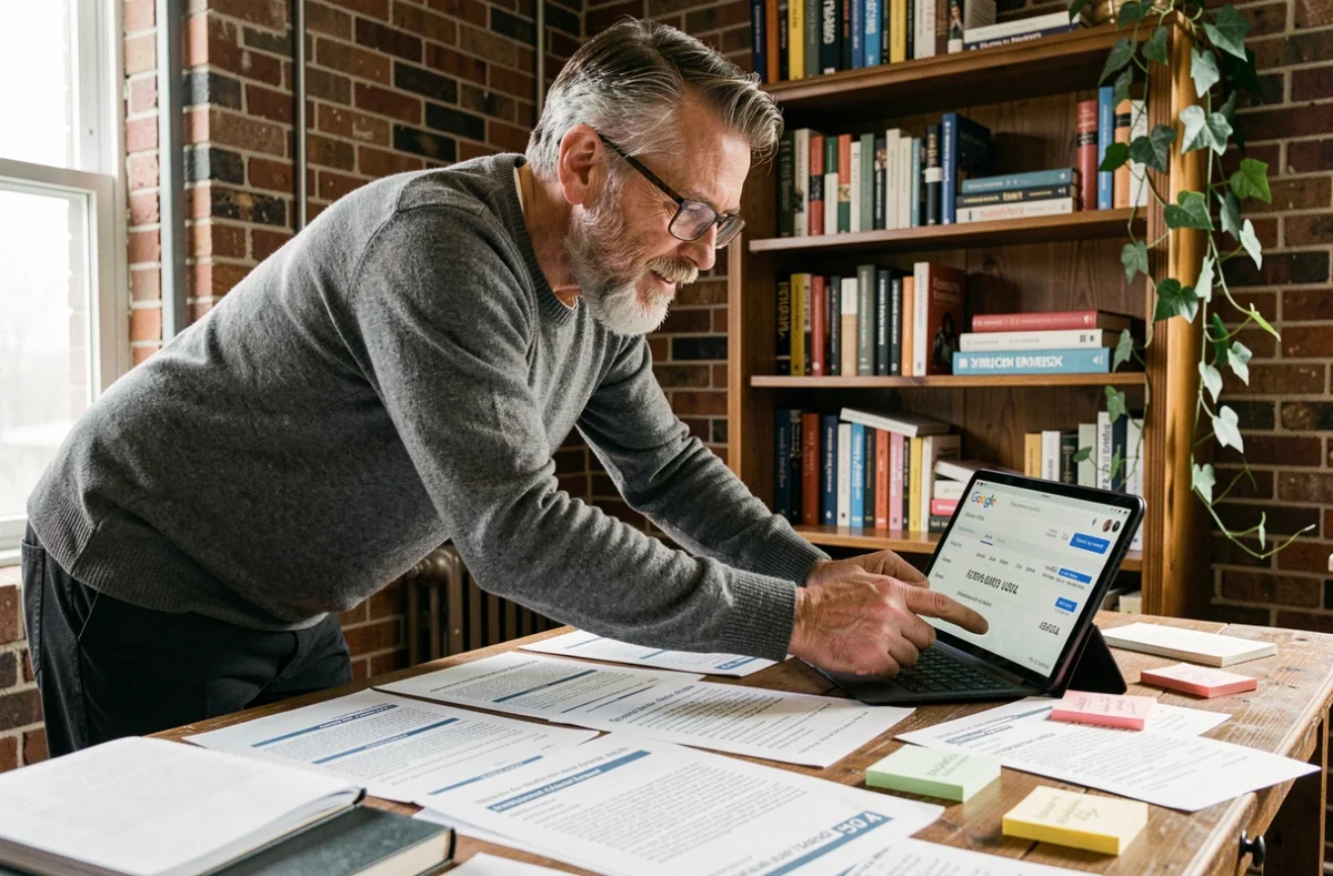 Consultant SEO masculin analysant des mots-clés internationaux sur tablette dans un bureau à domicile