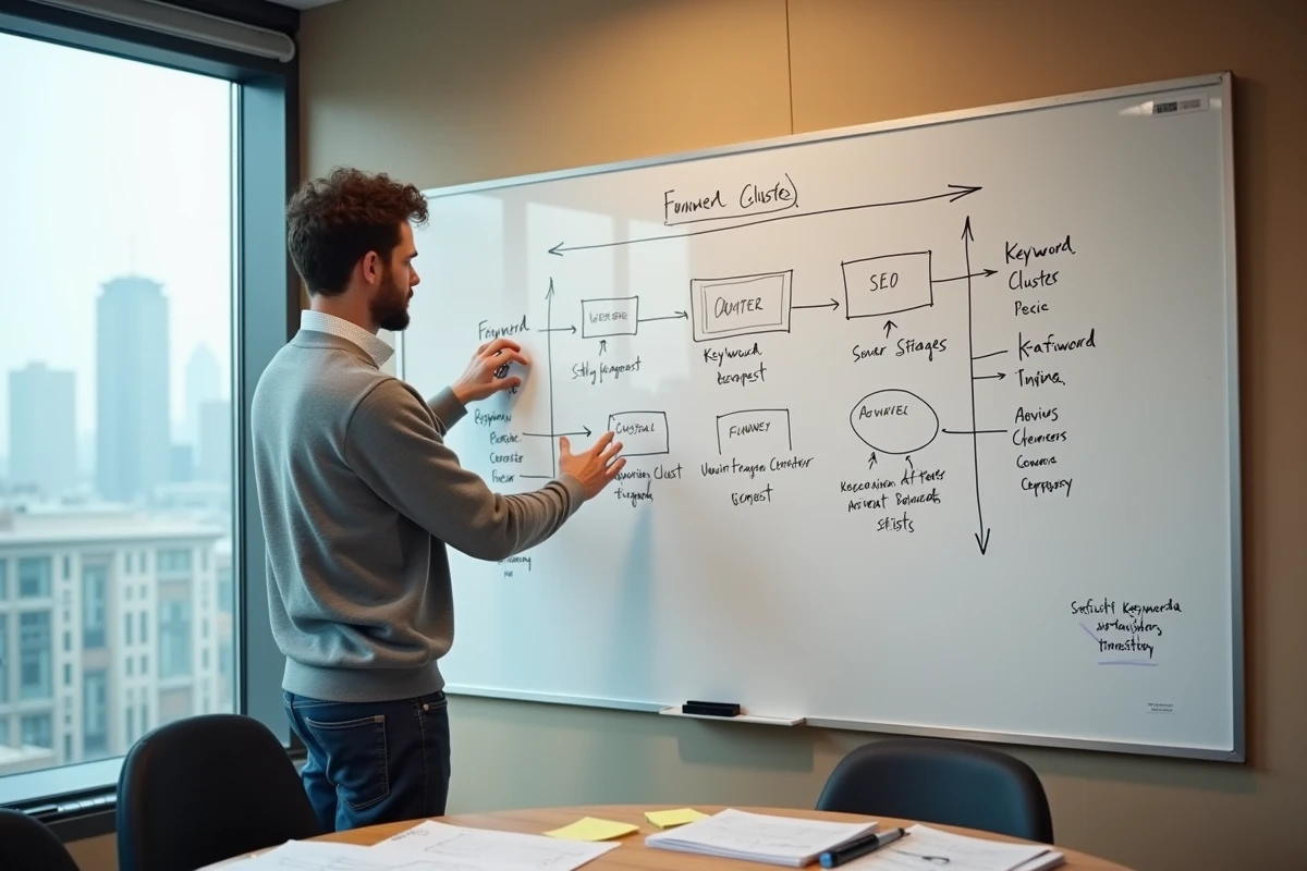 Un consultant SEO présentant une stratégie de référencement naturel sur un tableau blanc avec des diagrammes de mots-clés
