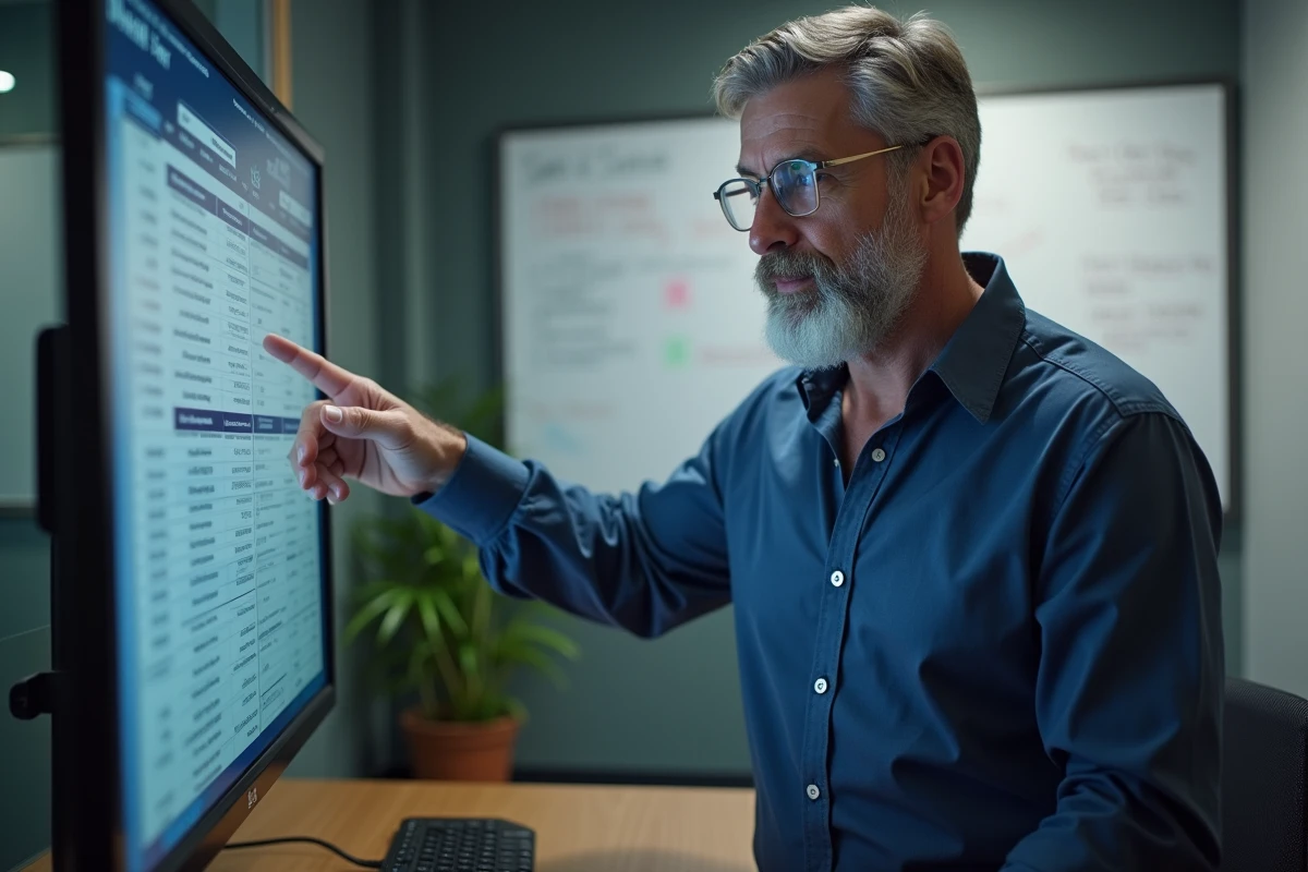 Consultant SEO présentant une grille tarifaire d'optimisation sur écran en agence