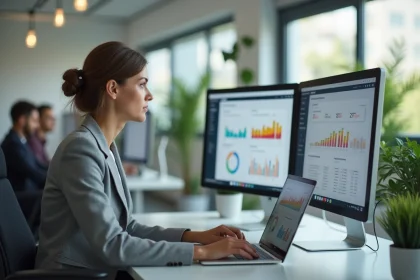 Femme analyste comparant deux versions d'interface sur des écrans d'ordinateur pour un test A/B, groupe contrôle et variante