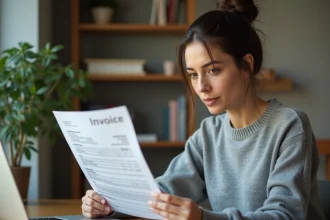 Femme consultant une facture de création de site web sur son bureau avec un ordinateur portable