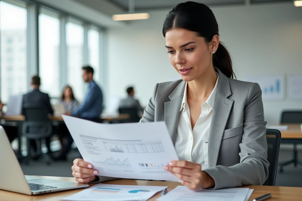 Professionnelle analysant un rapport de coûts SEO dans un bureau moderne