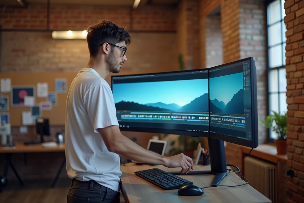 Jeune créatif debout devant un écran ultra wide dans un studio créatif pour montage vidéo