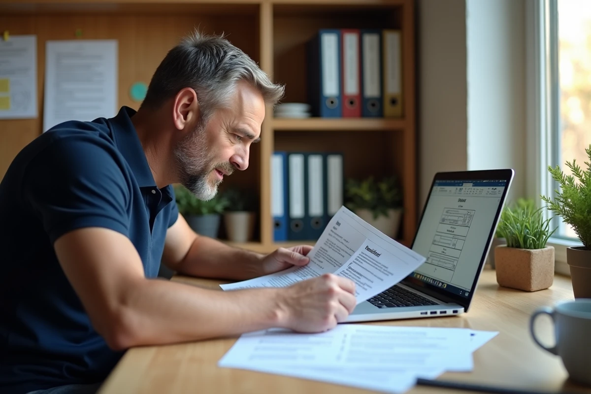Homme comparant une fiche technique imprimée avec un logiciel de création de documents sur laptop