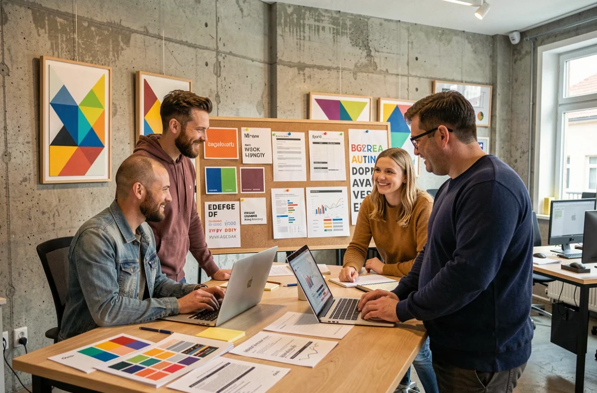 Équipe créative d'une agence de stratégie digitale dans le Bas-Rhin autour d'un moodboard de projet