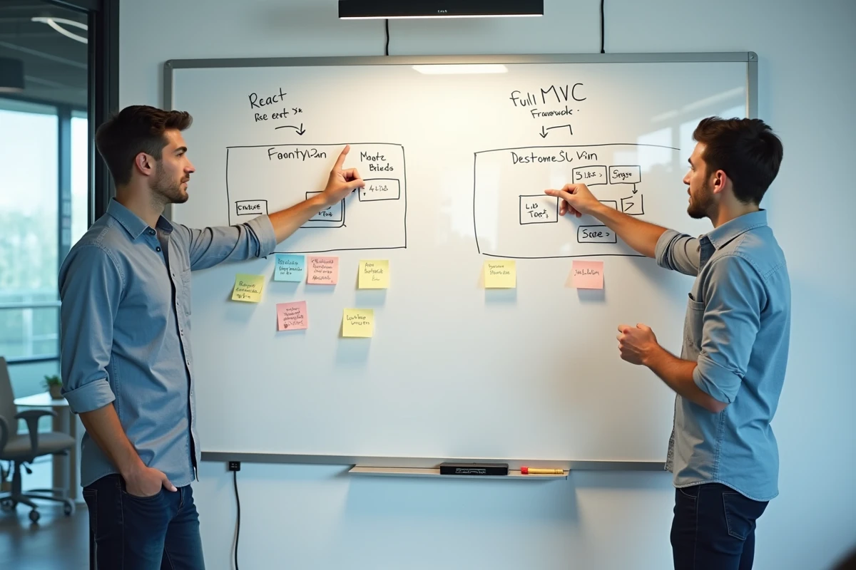 Deux développeurs débattant devant un tableau blanc comparant React à un framework MVC complet dans une salle de réunion de startup technologique