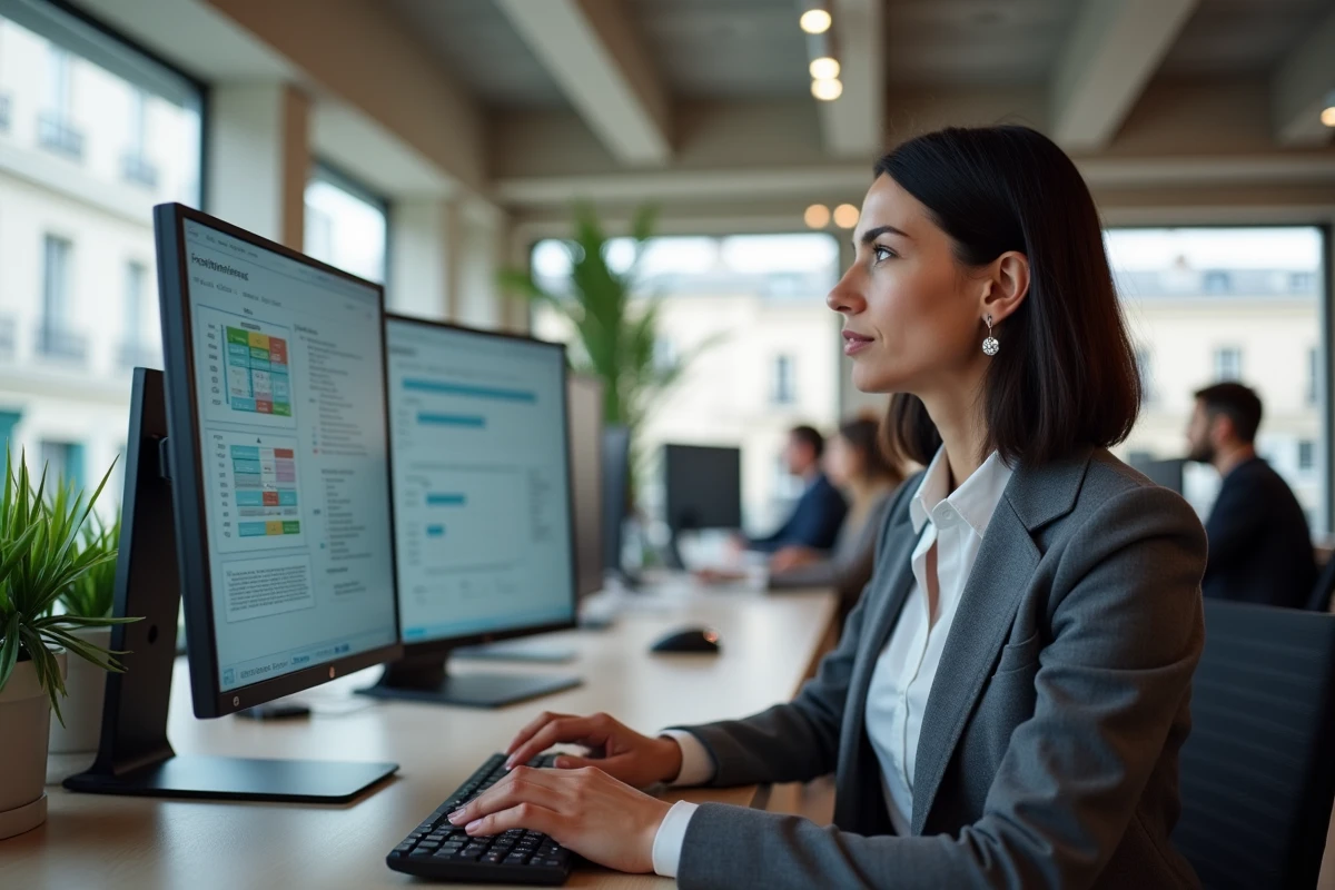 Professionnelle en entreprise parisienne gérant un tableau de bord de déploiement hybride sur ordinateur