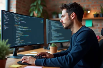 Développeur informatique travaillant avec des containers Docker sur un terminal Linux dans un bureau moderne