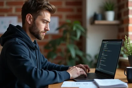 Développeur installant pip avec droits limités dans un terminal sur un ordinateur portable dans un bureau à domicile