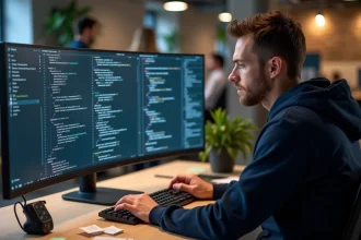 Développeur Java analysant du code fonctionnel avec des lambdas et des streams sur un écran ultrawide dans un bureau moderne