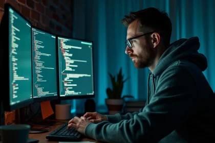Développeur Bitcoin travaillant sur un nœud réseau depuis son bureau à domicile