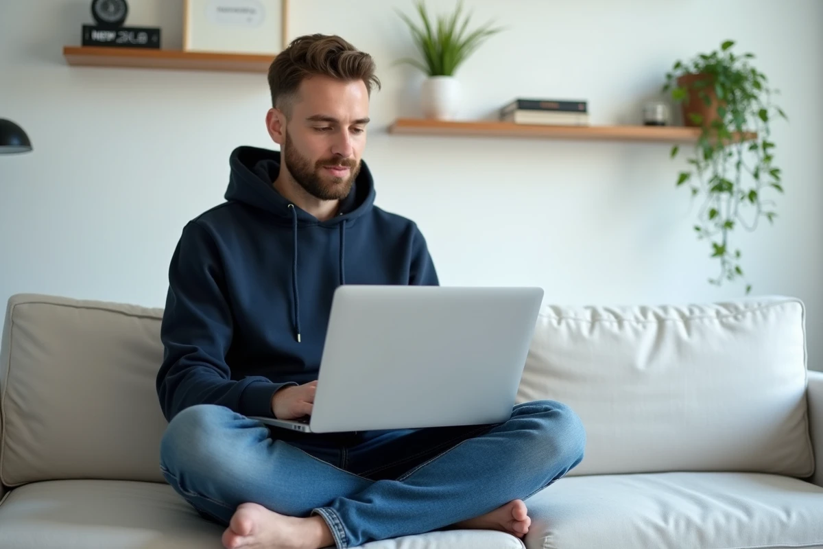 Développeur web optimisant le code source d'un site internet depuis un espace de travail minimaliste à domicile