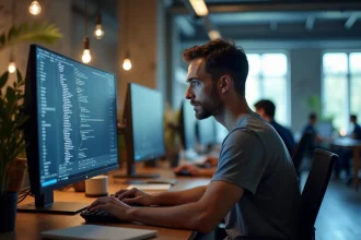 Développeur web analysant la documentation de React sur un grand écran dans un bureau moderne, illustrant la distinction entre bibliothèque et framework JavaScript