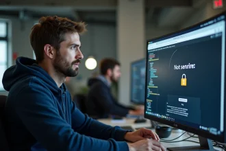 Développeur informatique examinant un avertissement de sécurité HTTP sur un moniteur d'ordinateur dans un bureau moderne