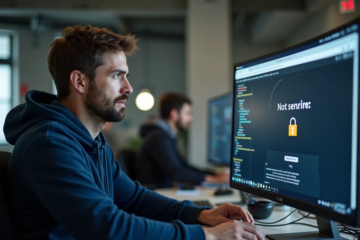 Développeur informatique examinant un avertissement de sécurité HTTP sur un moniteur d'ordinateur dans un bureau moderne