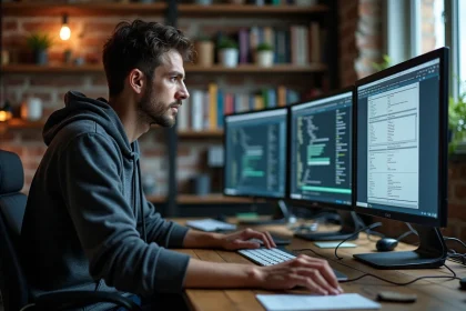 Développeur informatique analysant différents systèmes d'exploitation sur plusieurs écrans dans un bureau à domicile