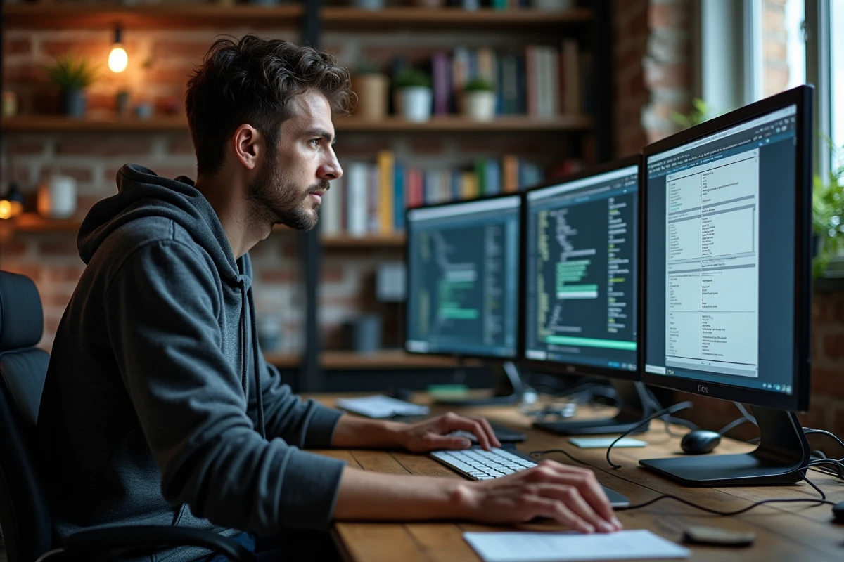 Développeur informatique analysant différents systèmes d'exploitation sur plusieurs écrans dans un bureau à domicile