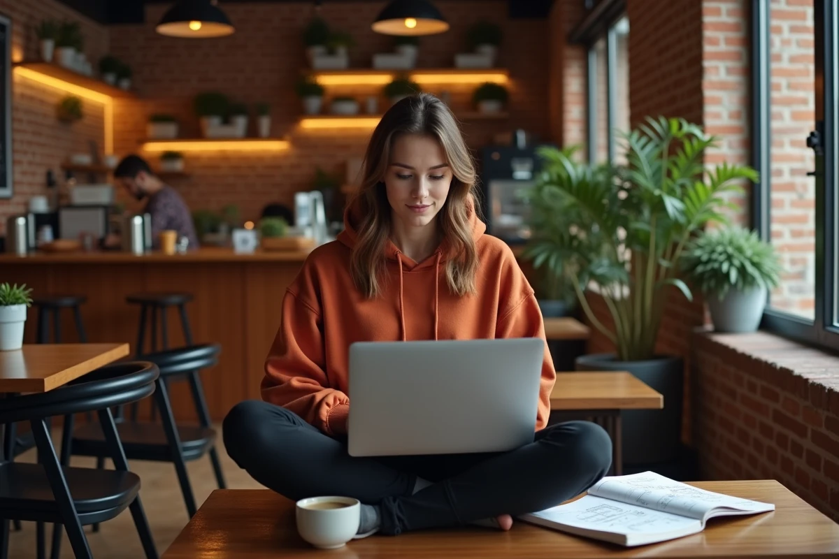 Développeuse codant avec React dans un espace de co-working café, avec des notes manuscrites sur l'architecture JavaScript posées sur la table