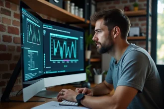 Homme effectuant un diagnostic complet de son ordinateur avec des logiciels d'analyse système sur un grand écran dans un bureau à domicile