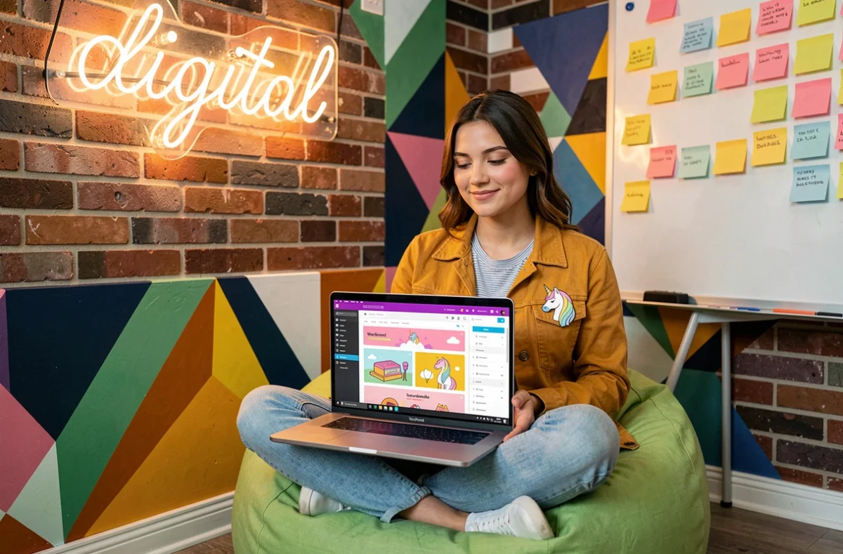 Créatrice de Digital Unicorn dans un espace de travail coloré et ludique, travaillant sur WordPress