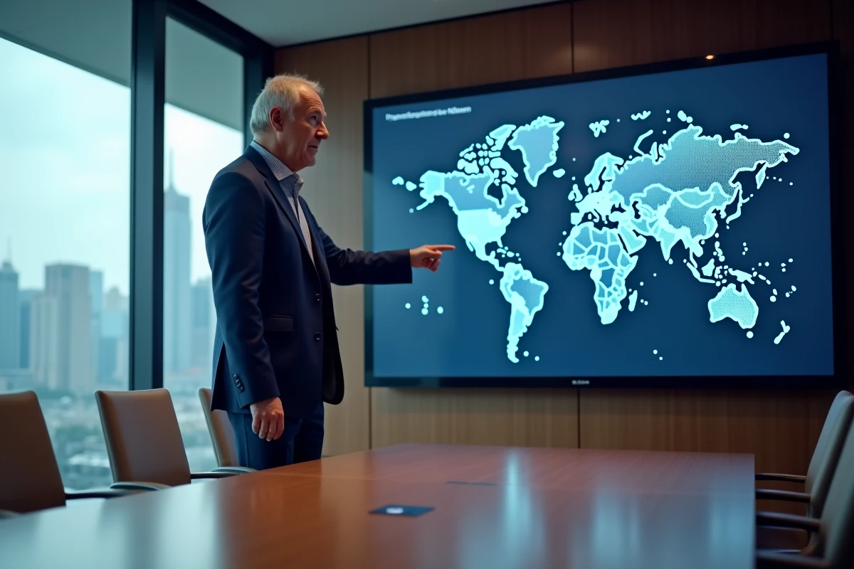 Directeur marketing présentant une carte de segmentation client générée par IA sur un écran interactif en salle de conférence