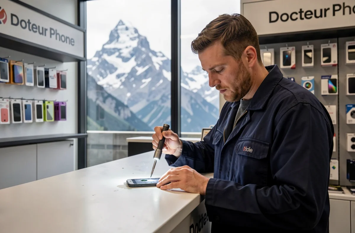 Technicien Docteur Phone Sallanches inspectant un smartphone avec le massif du Mont-Blanc visible en arrière-plan