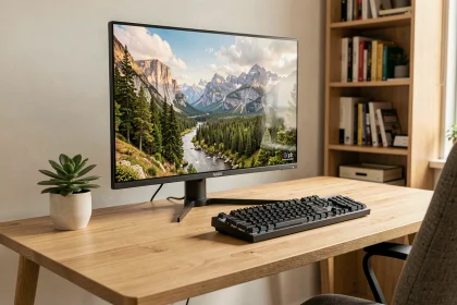 Écran OLED 27 pouces affichant une image 4K sur un bureau minimaliste en bois dans un home office moderne