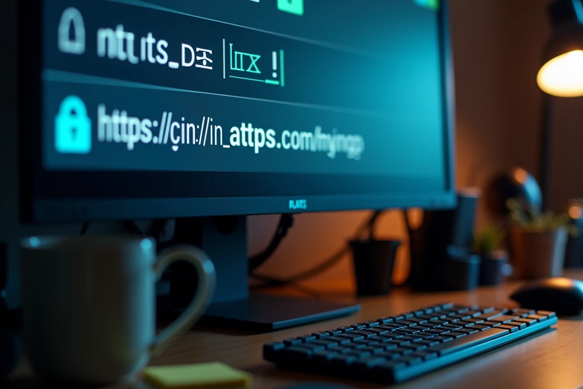 Écran d'ordinateur affichant une URL sécurisée HTTPS avec un cadenas vert dans un bureau à domicile