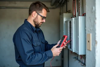 Électricien inspectant un tableau électrique conforme à la dernière norme NF C 15-100