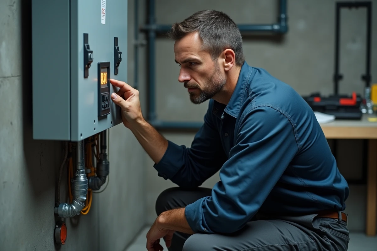 Électricien examinant un wattmètre affichant 1000 watts dans une salle technique industrielle