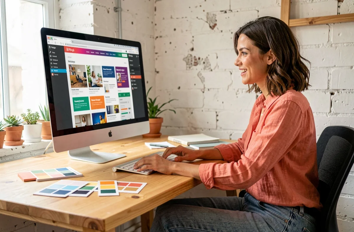 Designer web créative d'Enjoycreativ travaillant sur une interface WordPress colorée dans un studio lumineux