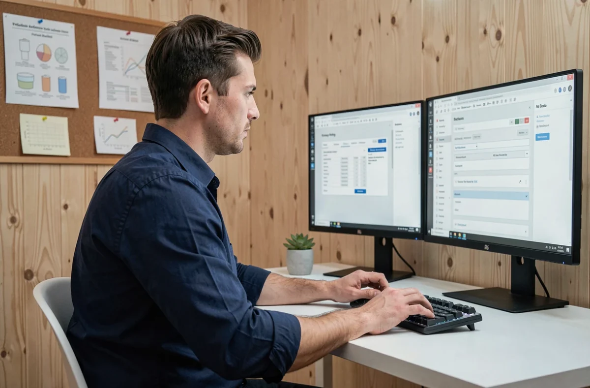 Développeur web d'Enolane concentré sur la création d'un site WordPress dans un studio épuré