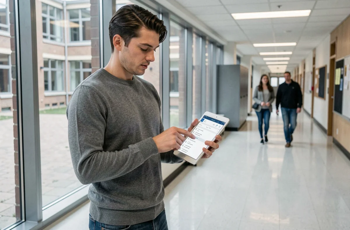 Nouvel enseignant consultant la messagerie IA87 sur une tablette dans un couloir d'école