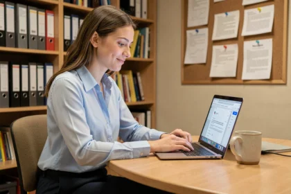 Jeune enseignante découvrant la messagerie académique IA87 sur son ordinateur portable dans une salle des professeurs
