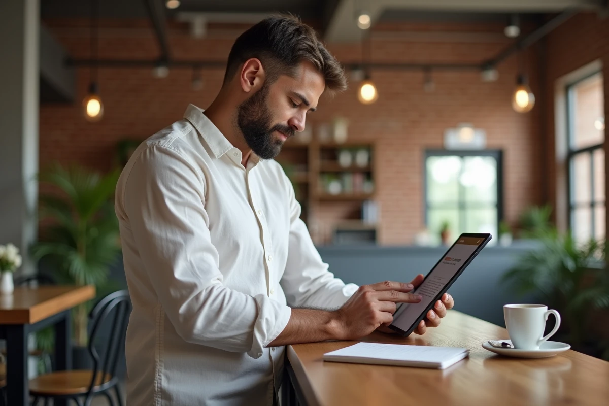 Chef d'entreprise consultant un devis pour la création d'un site web sur une tablette dans un bureau décontracté