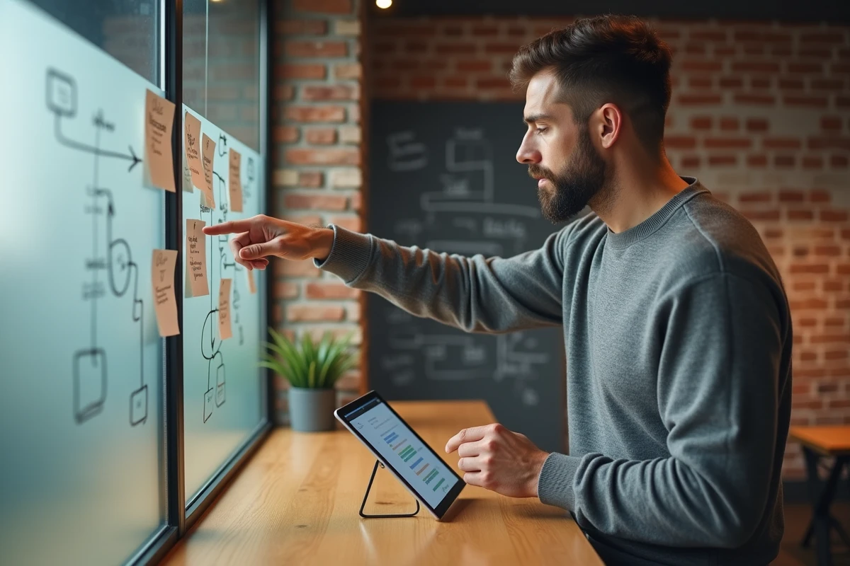 Entrepreneur en marketing examinant des rapports de performances de campagnes automatisées affichés sur une tablette et des notes papier dans un bureau créatif