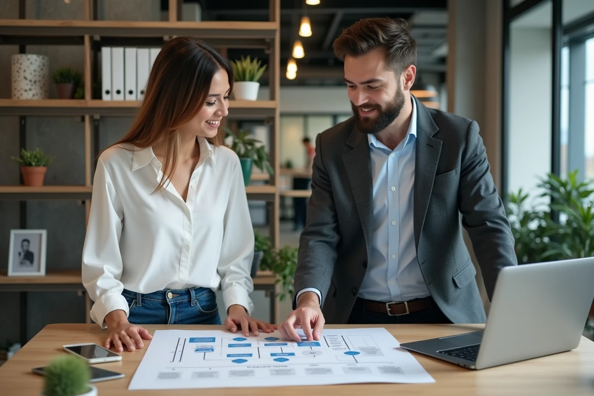 Deux professionnels de l'informatique analysant une architecture réseau pour évaluer les besoins en cybersécurité