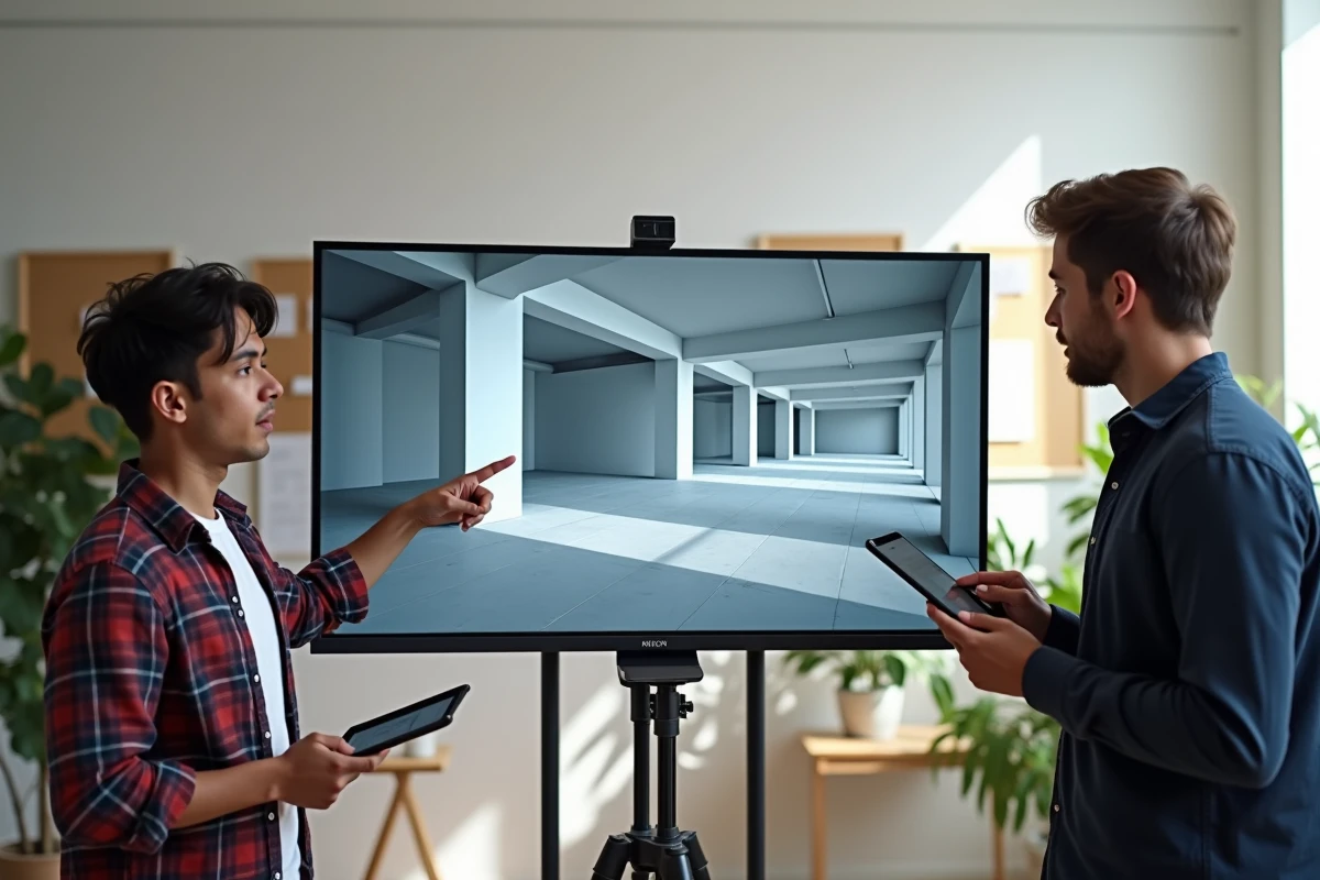Équipe d'animateurs CGI collaborant autour d'un écran comparant wireframe 3D et rendu photoréaliste dans un studio moderne