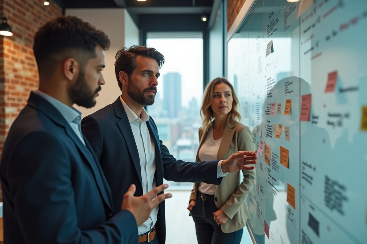 Équipe de professionnels collaborant autour d'un tableau blanc avec des schémas de gestion de données