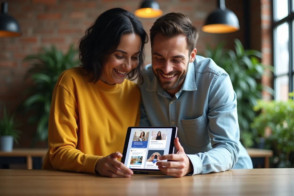 Équipe de professionnels collaborant sur une campagne publicitaire en ligne dans un espace de coworking